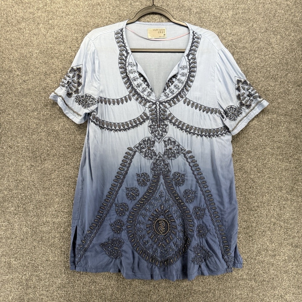 Ruff Hewn Top Womens M Blue Beaded V-Neck Tunic Mini Boho Cottage Hippie Gypsy